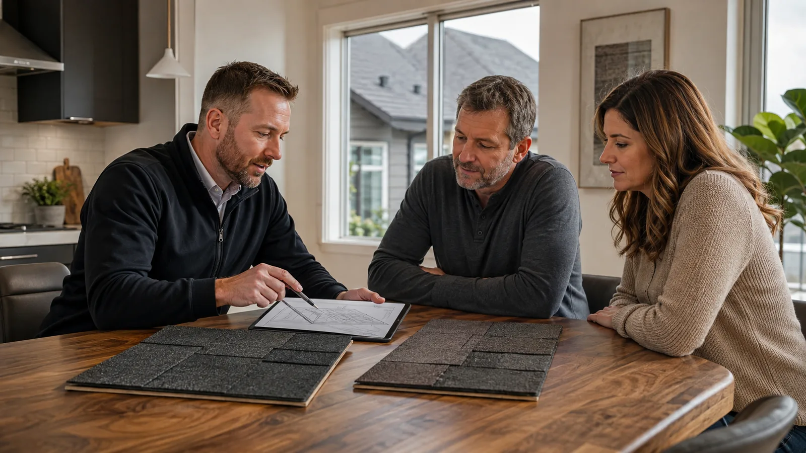 Homeowners reviewing roofing plans and shingle options with a contractor