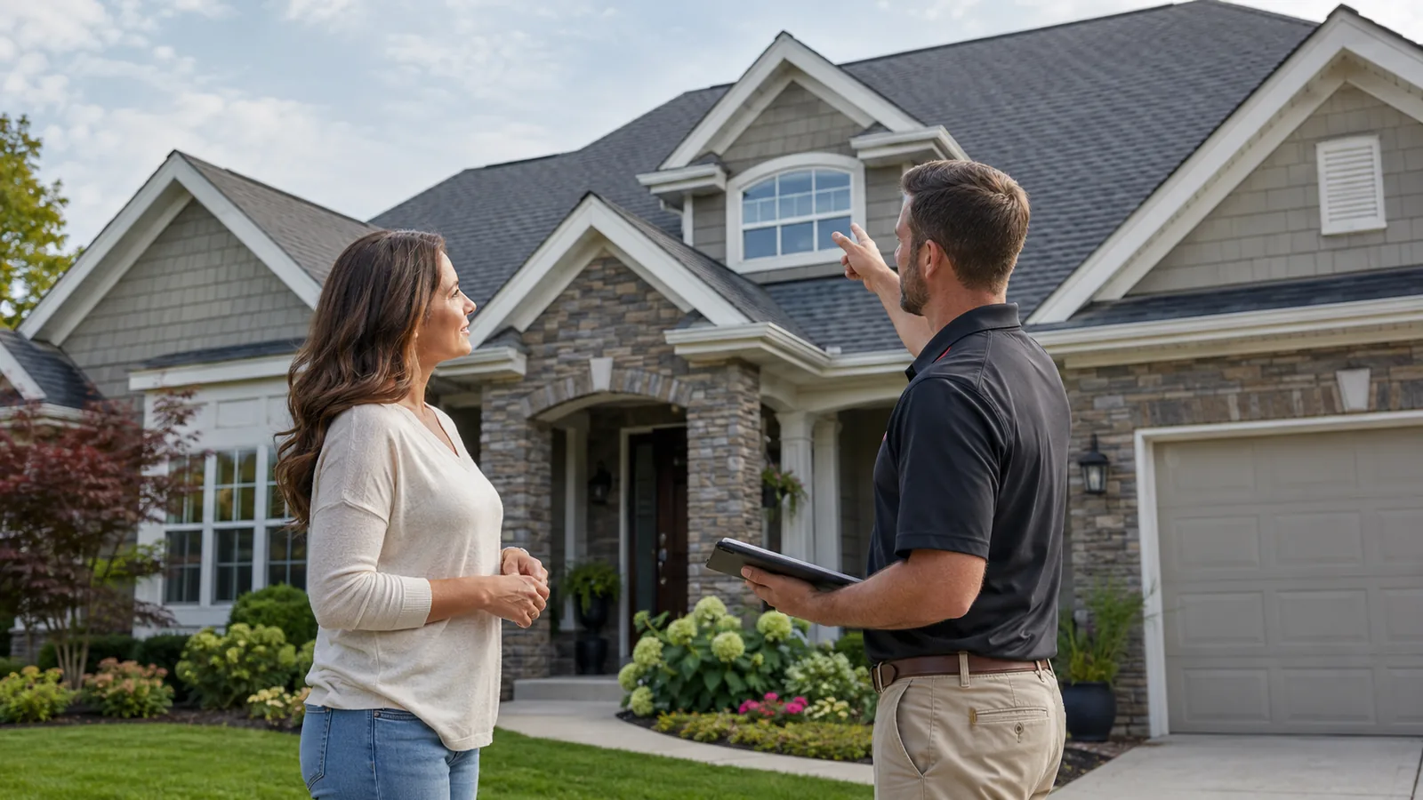 Roofing contractor discussing a residential roofing project with a homeowner